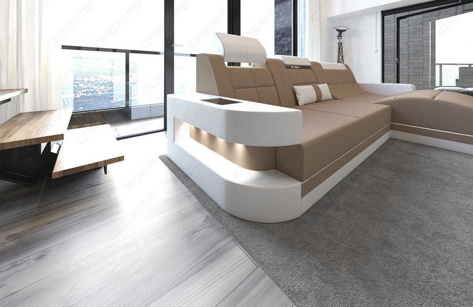 Materialmix Stoffsofa Wave L-Form Cappucino-Weiß