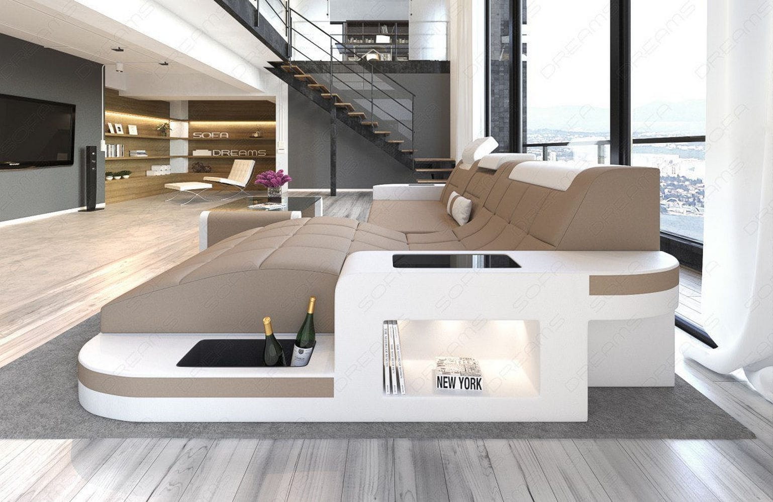 Materialmix Stoffsofa Wave L-Form Cappucino-Weiß