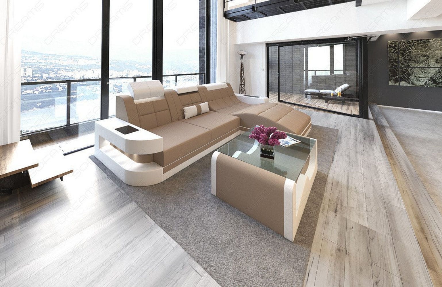 Materialmix Stoffsofa Wave L-Form Cappucino-Weiß