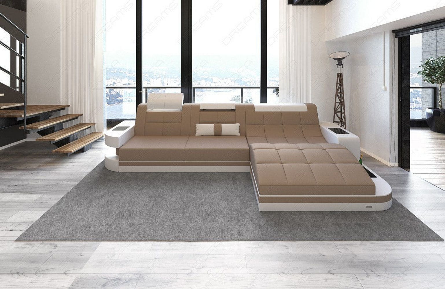 Materialmix Stoffsofa Wave L-Form Cappucino-Weiß