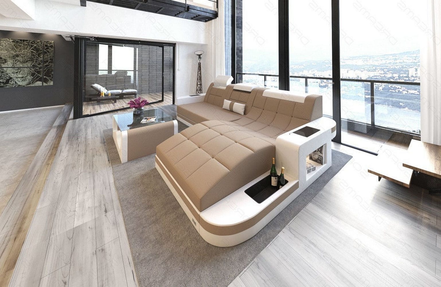 Materialmix Stoffsofa Wave L-Form Cappucino-Weiß