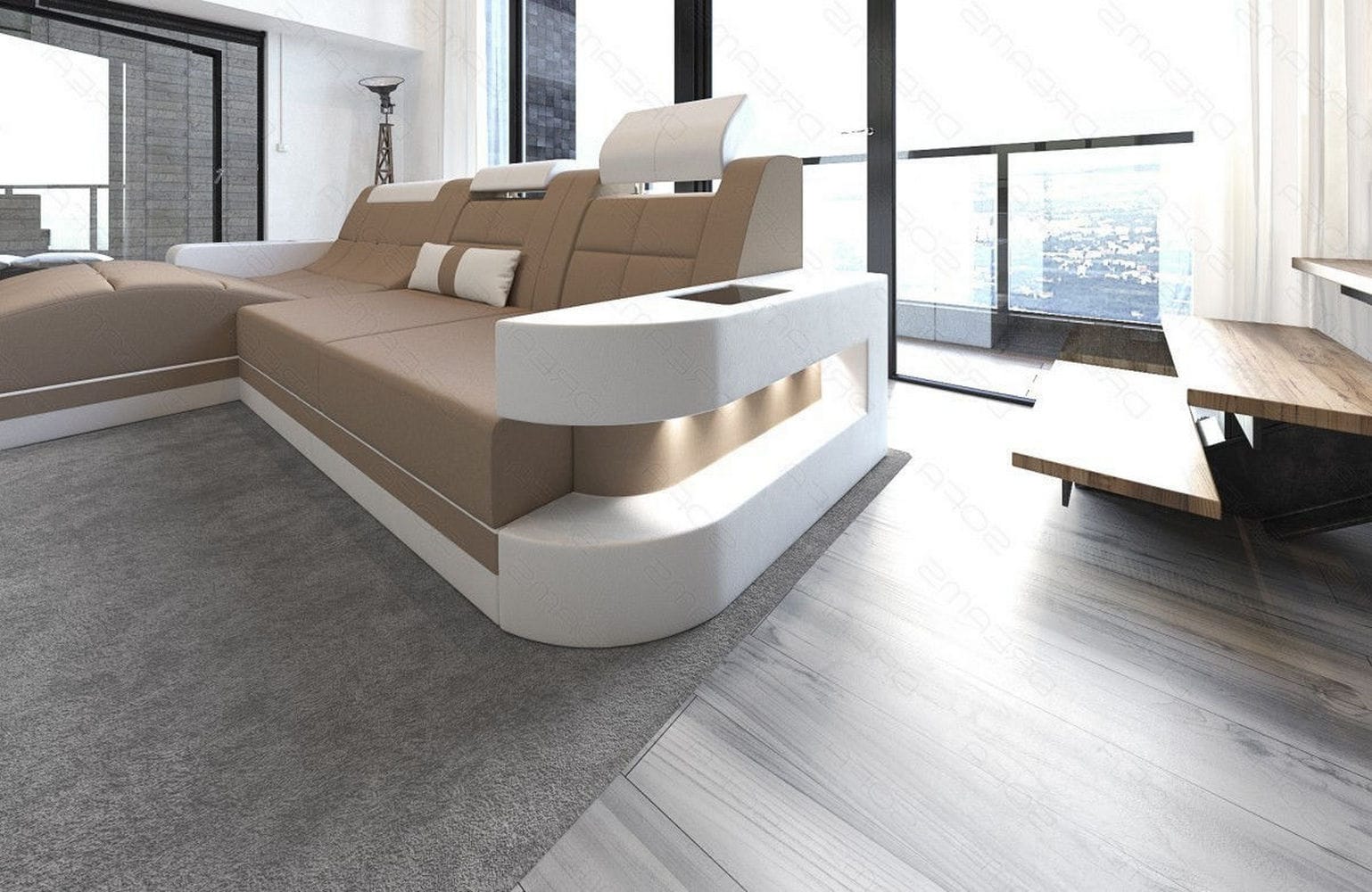 Materialmix Stoffsofa Wave L-Form Cappucino-Weiß