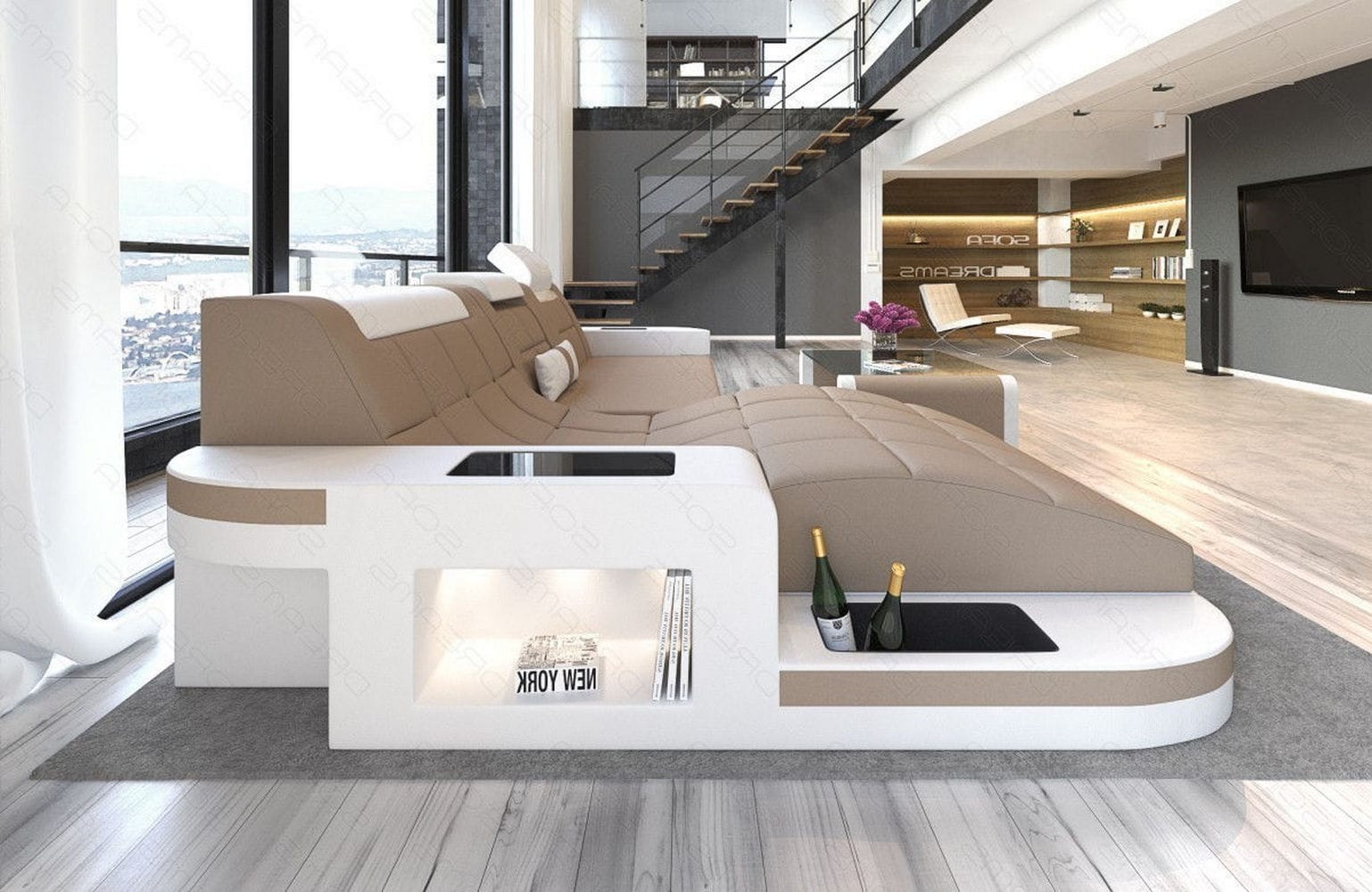 Materialmix Stoffsofa Wave L-Form Cappucino-Weiß