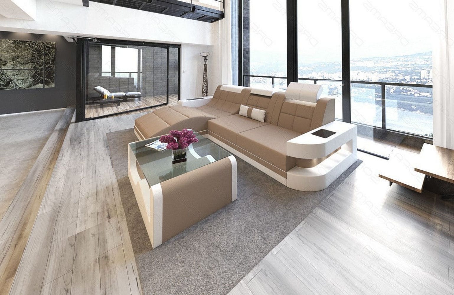 Materialmix Stoffsofa Wave L-Form Cappucino-Weiß