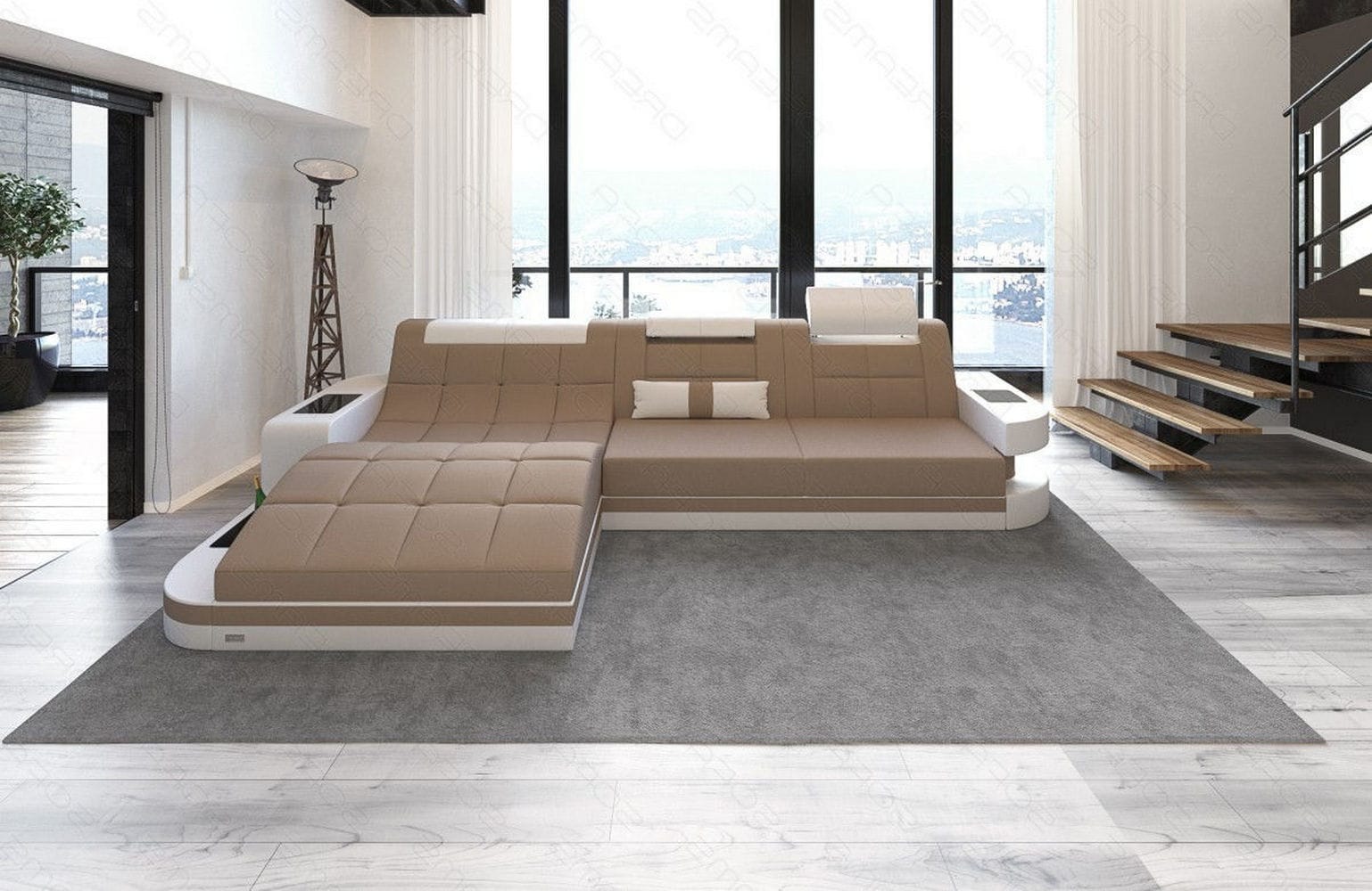 Materialmix Stoffsofa Wave L-Form Cappucino-Weiß