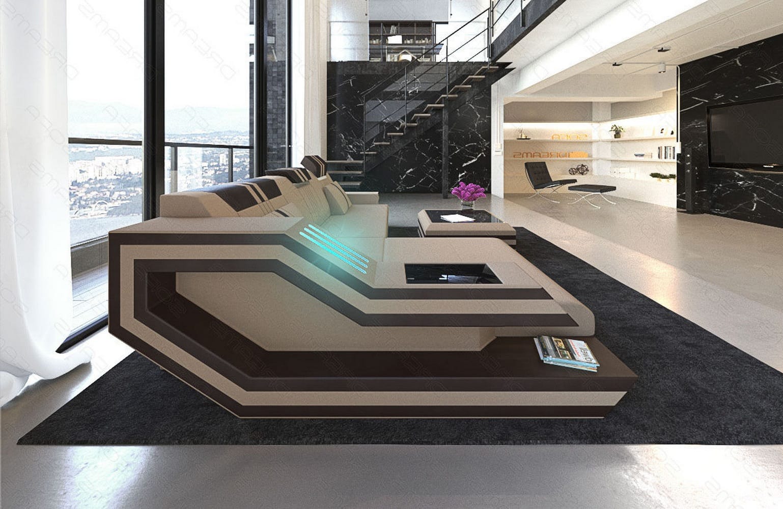Polstersofa Materialmix Ravenna L-Form LED Taupe-Weiß