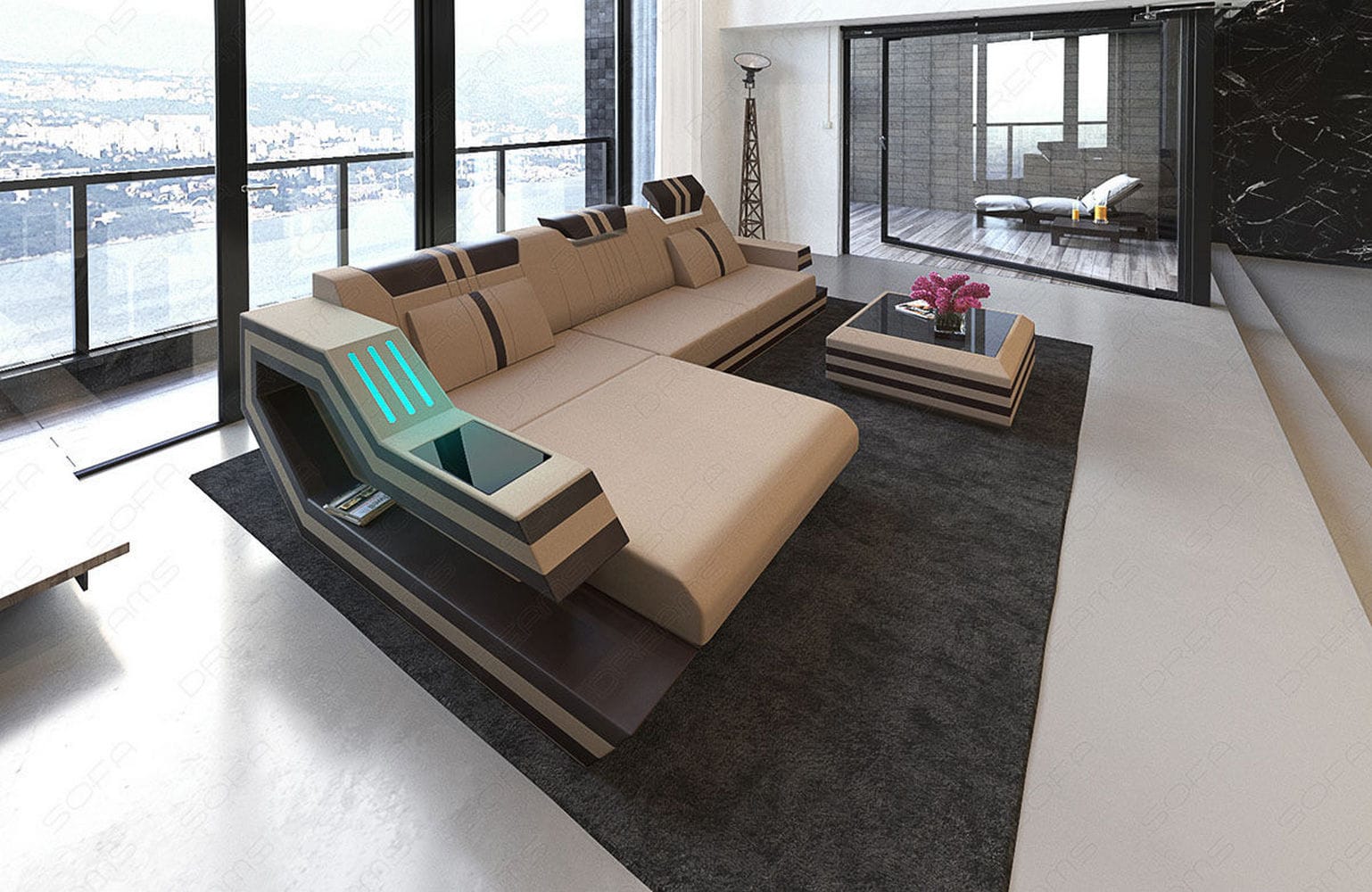 Polstersofa Materialmix Ravenna L-Form LED Taupe-Weiß