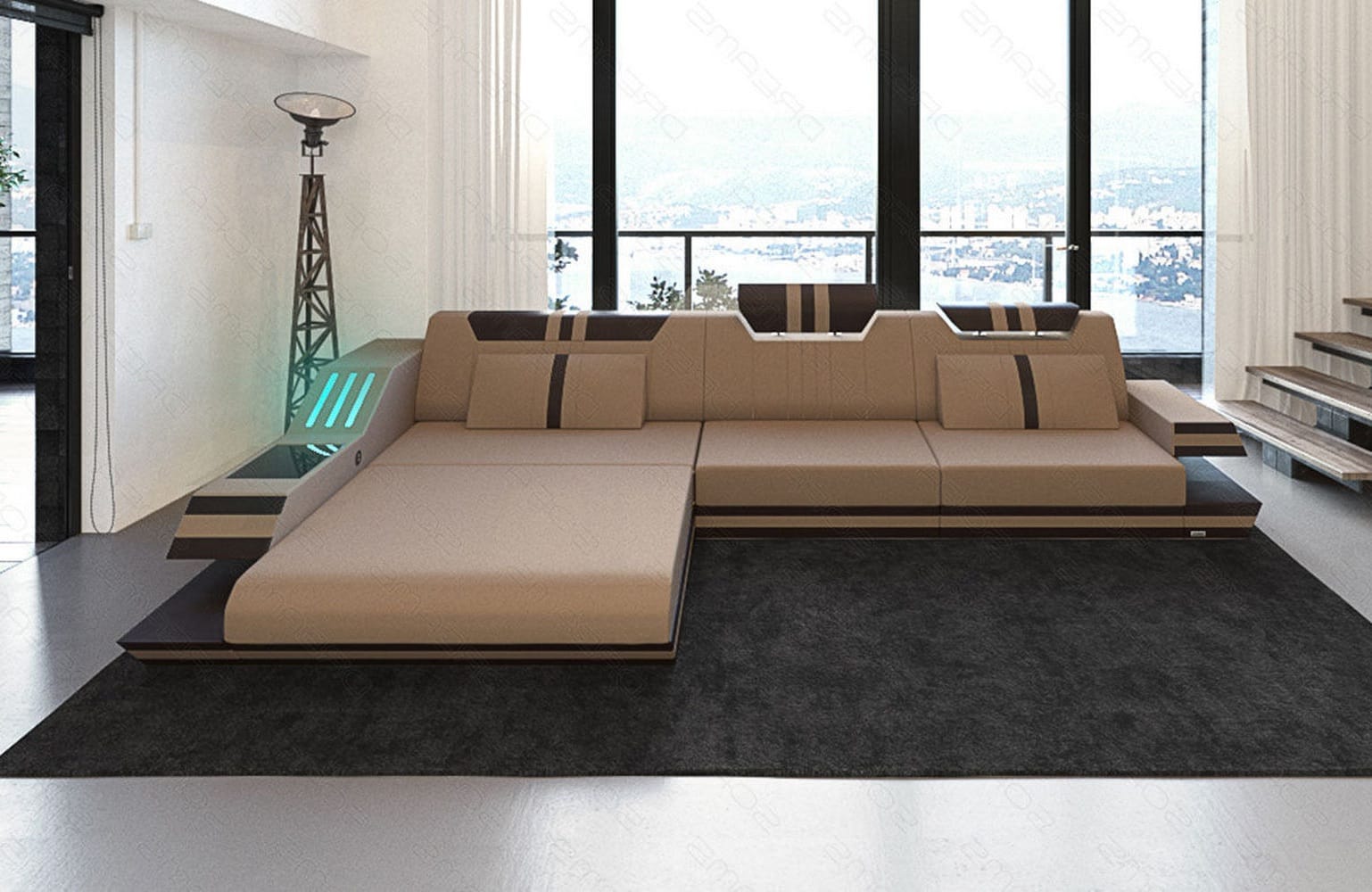 Polstersofa Materialmix Ravenna L-Form LED Taupe-Weiß