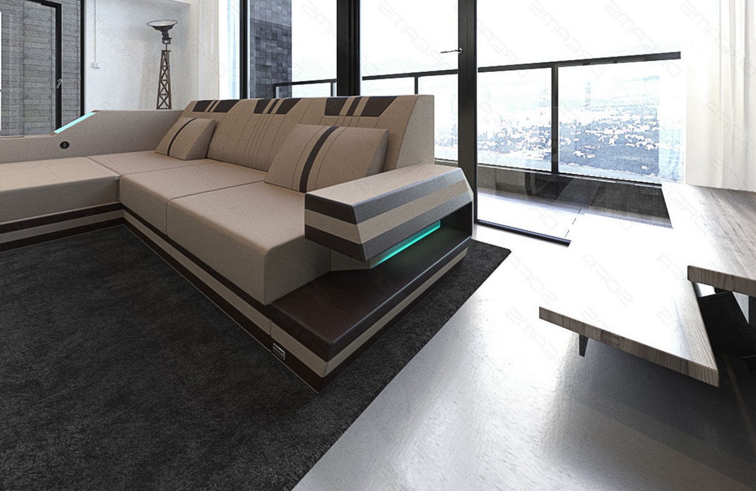 Polstersofa Materialmix Ravenna L-Form LED Taupe-Weiß