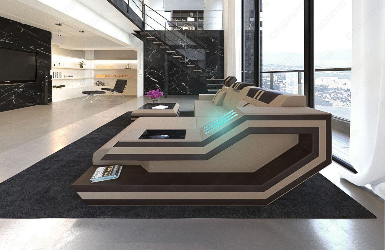 Polstersofa Materialmix Ravenna L-Form LED Taupe-Weiß
