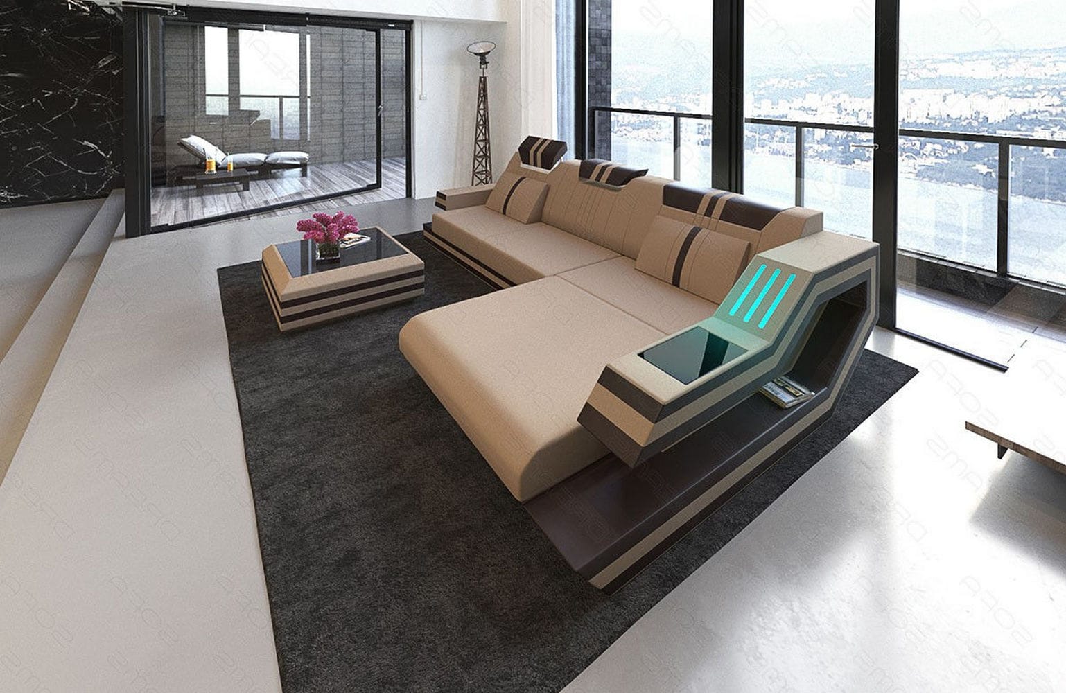 Polstersofa Materialmix Ravenna L-Form LED Taupe-Weiß