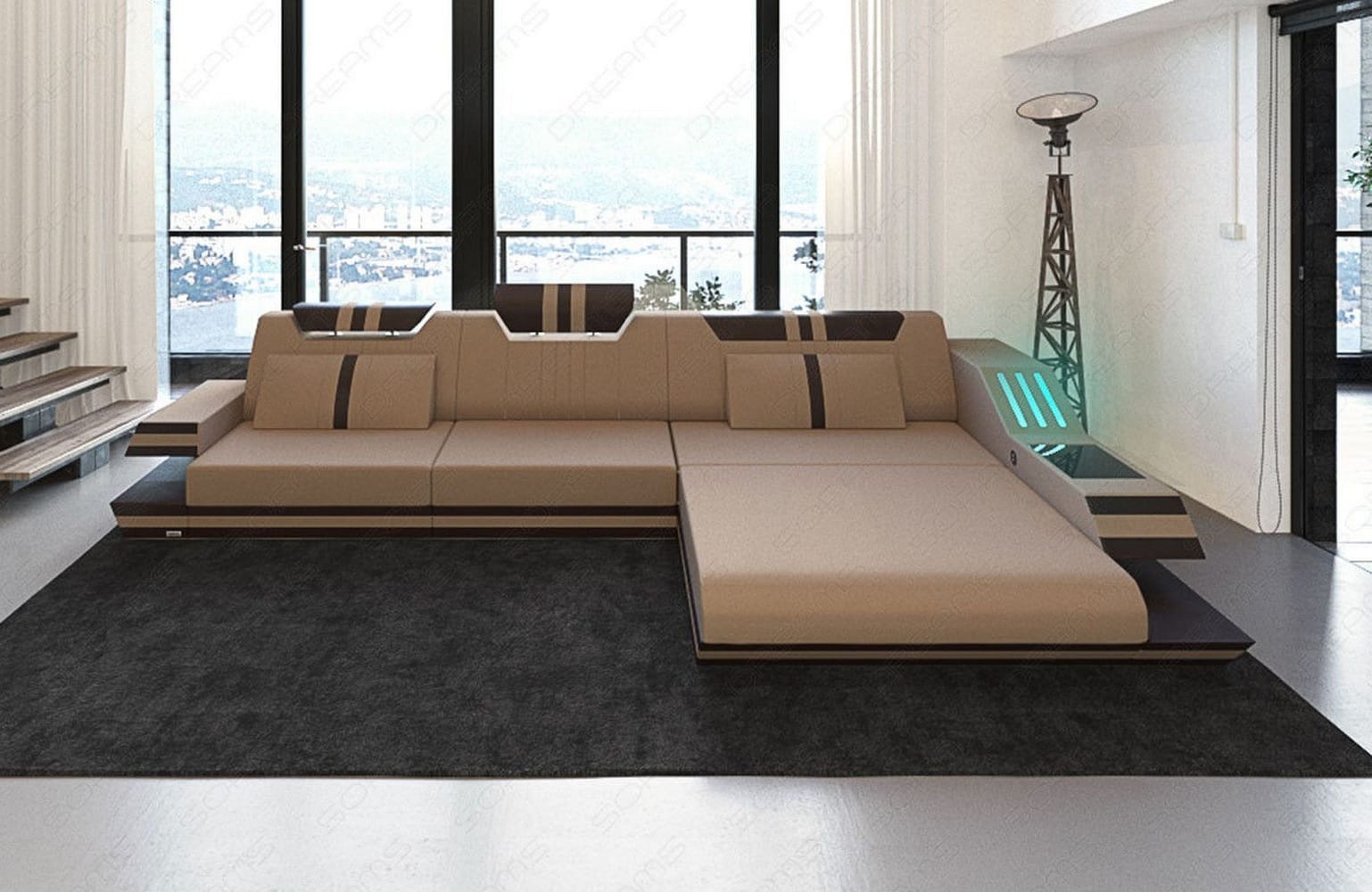 Polstersofa Materialmix Ravenna L-Form LED Taupe-Weiß
