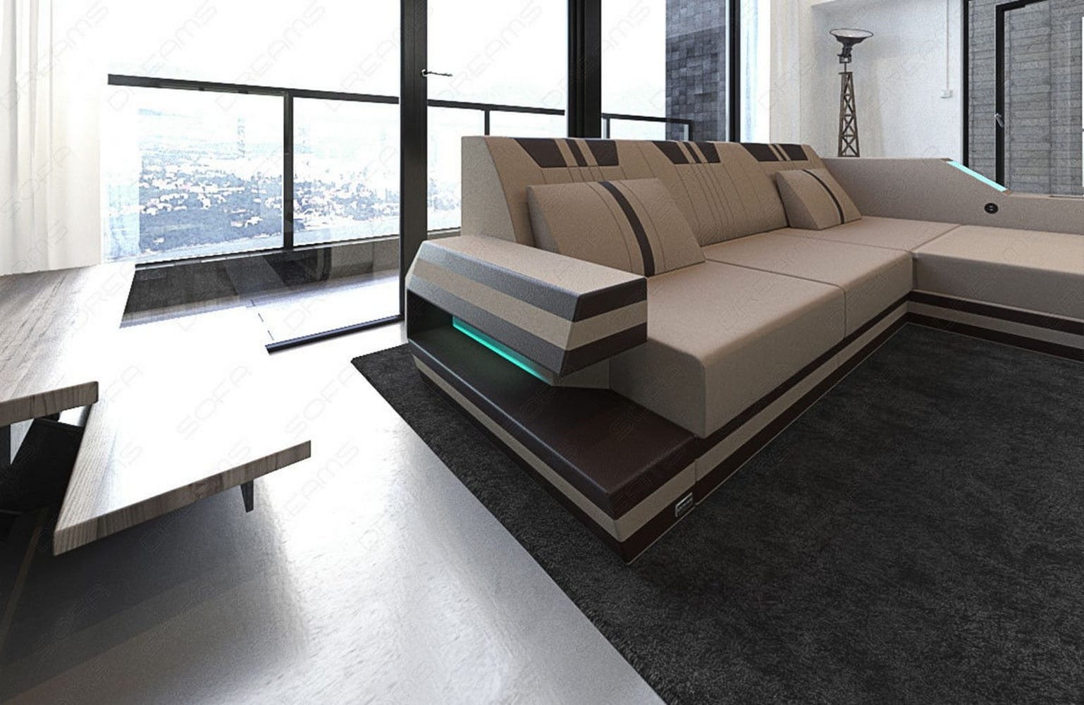 Polstersofa Materialmix Ravenna L-Form LED Taupe-Weiß