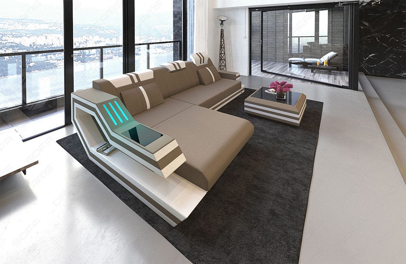 Polstersofa Materialmix Ravenna L-Form LED Cappuccino-Schwarz