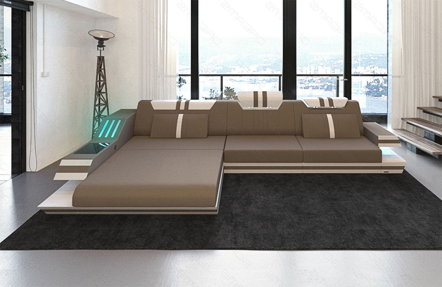 Polstersofa Materialmix Ravenna L-Form LED Cappuccino-Schwarz