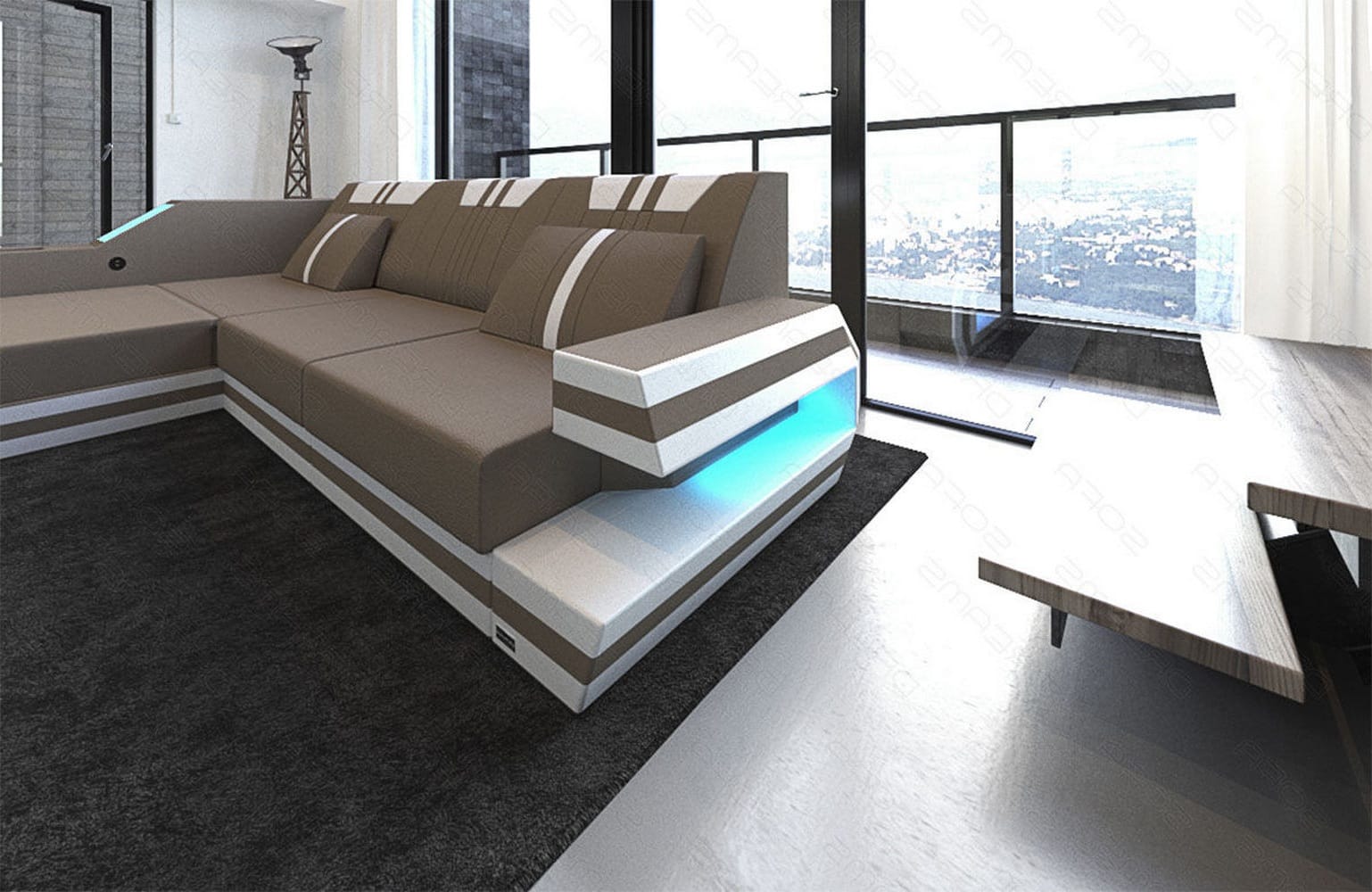 Polstersofa Materialmix Ravenna L-Form LED Cappuccino-Schwarz