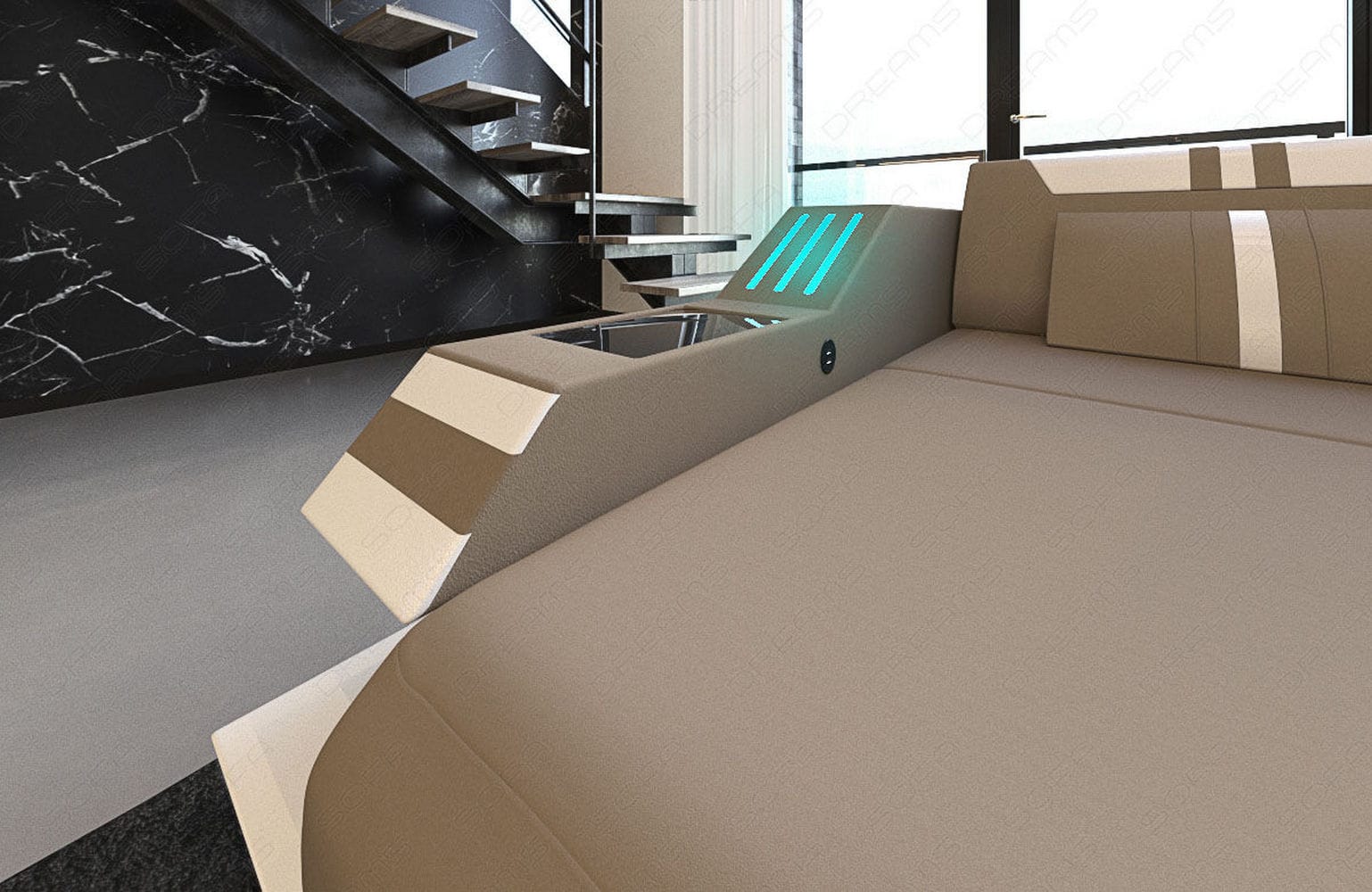 Polstersofa Materialmix Ravenna L-Form LED Cappuccino-Schwarz