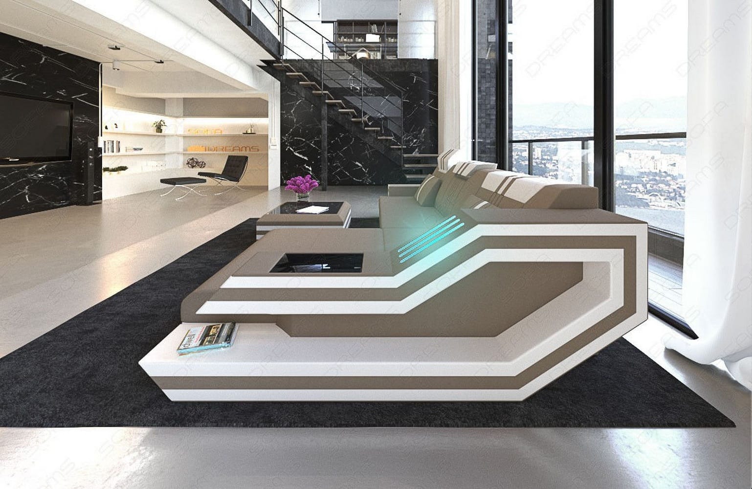 Polstersofa Materialmix Ravenna L-Form LED Cappuccino-Schwarz