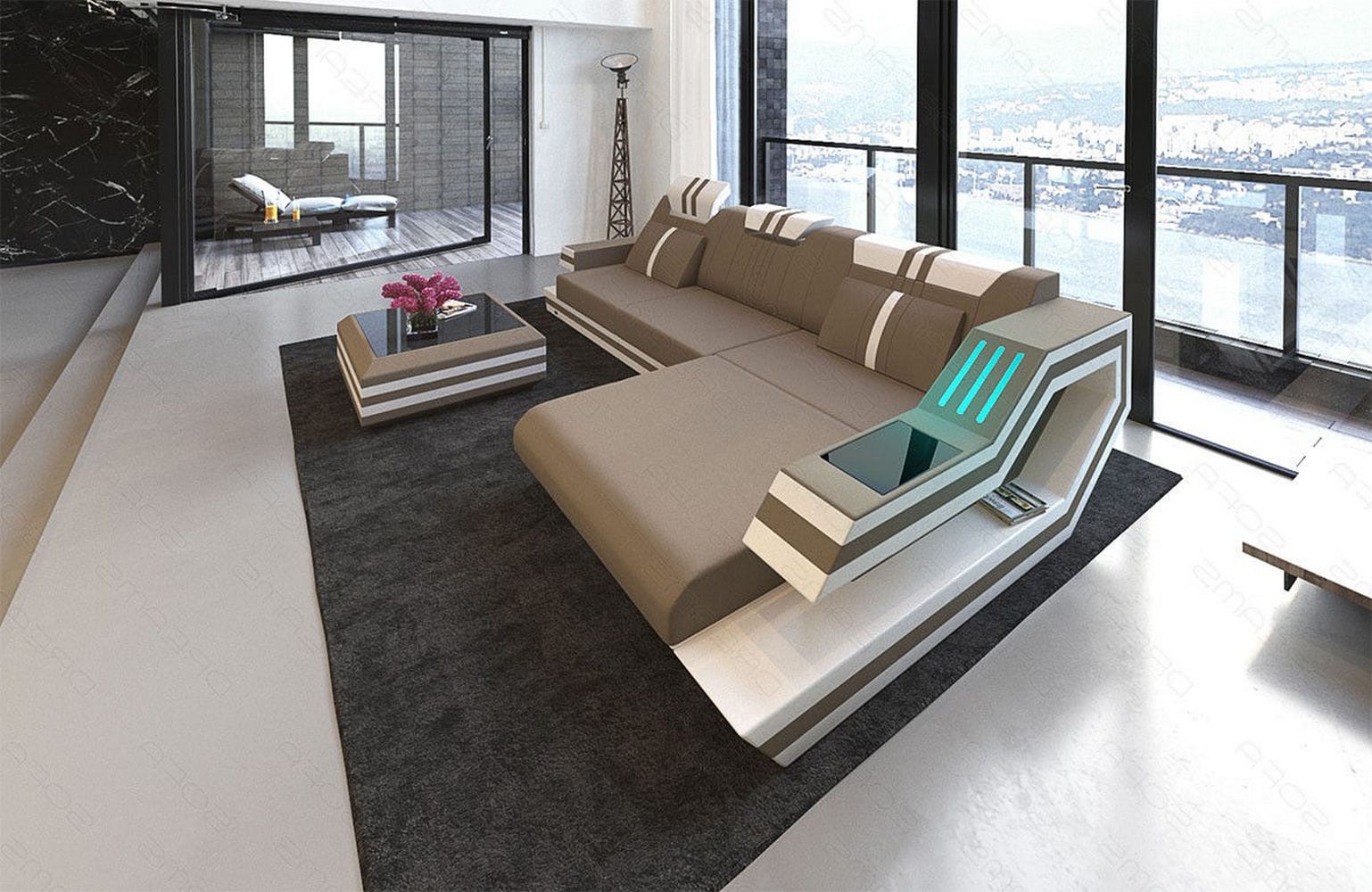 Polstersofa Materialmix Ravenna L-Form LED Cappuccino-Schwarz