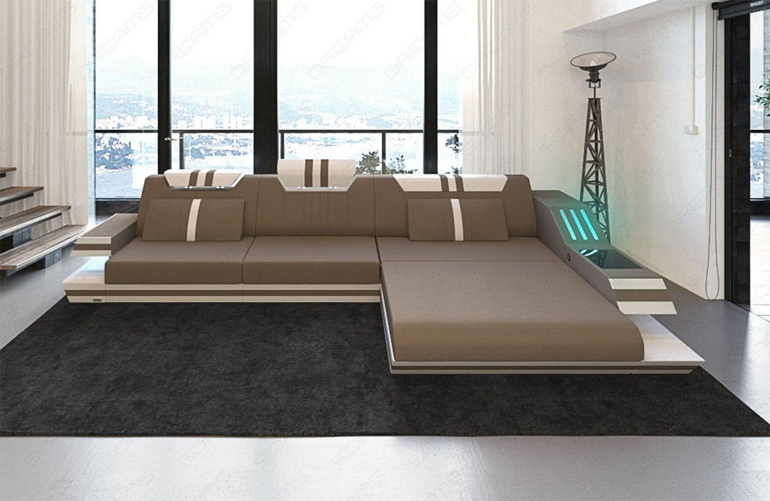 Polstersofa Materialmix Ravenna L-Form LED Cappuccino-Schwarz