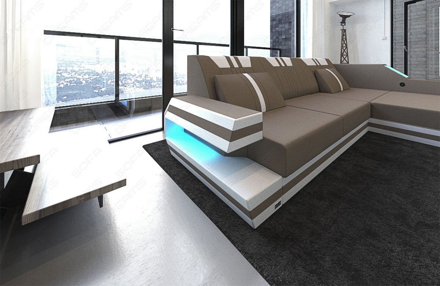 Polstersofa Materialmix Ravenna L-Form LED Cappuccino-Schwarz