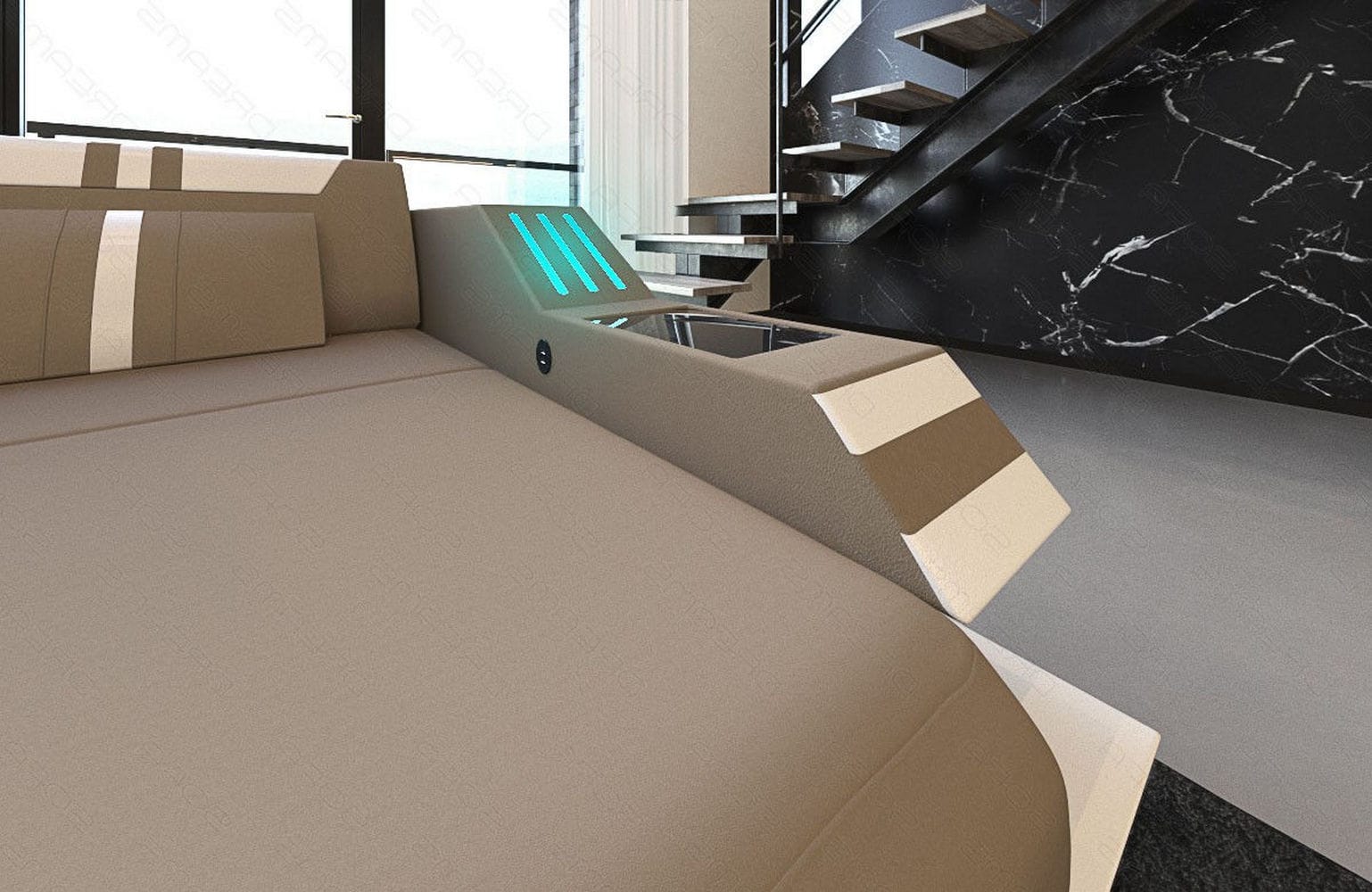 Polstersofa Materialmix Ravenna L-Form LED Cappuccino-Schwarz