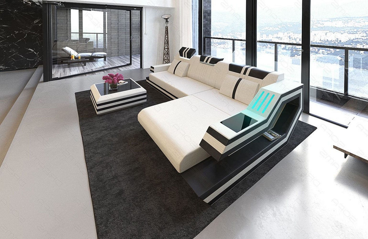 Polstersofa Materialmix Ravenna L-Form LED Elfenbein-Schwarz