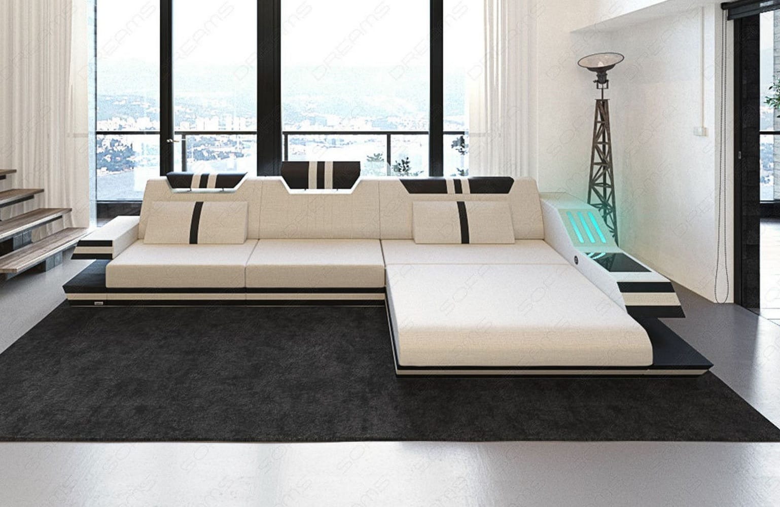 Polstersofa Materialmix Ravenna L-Form LED Elfenbein-Schwarz