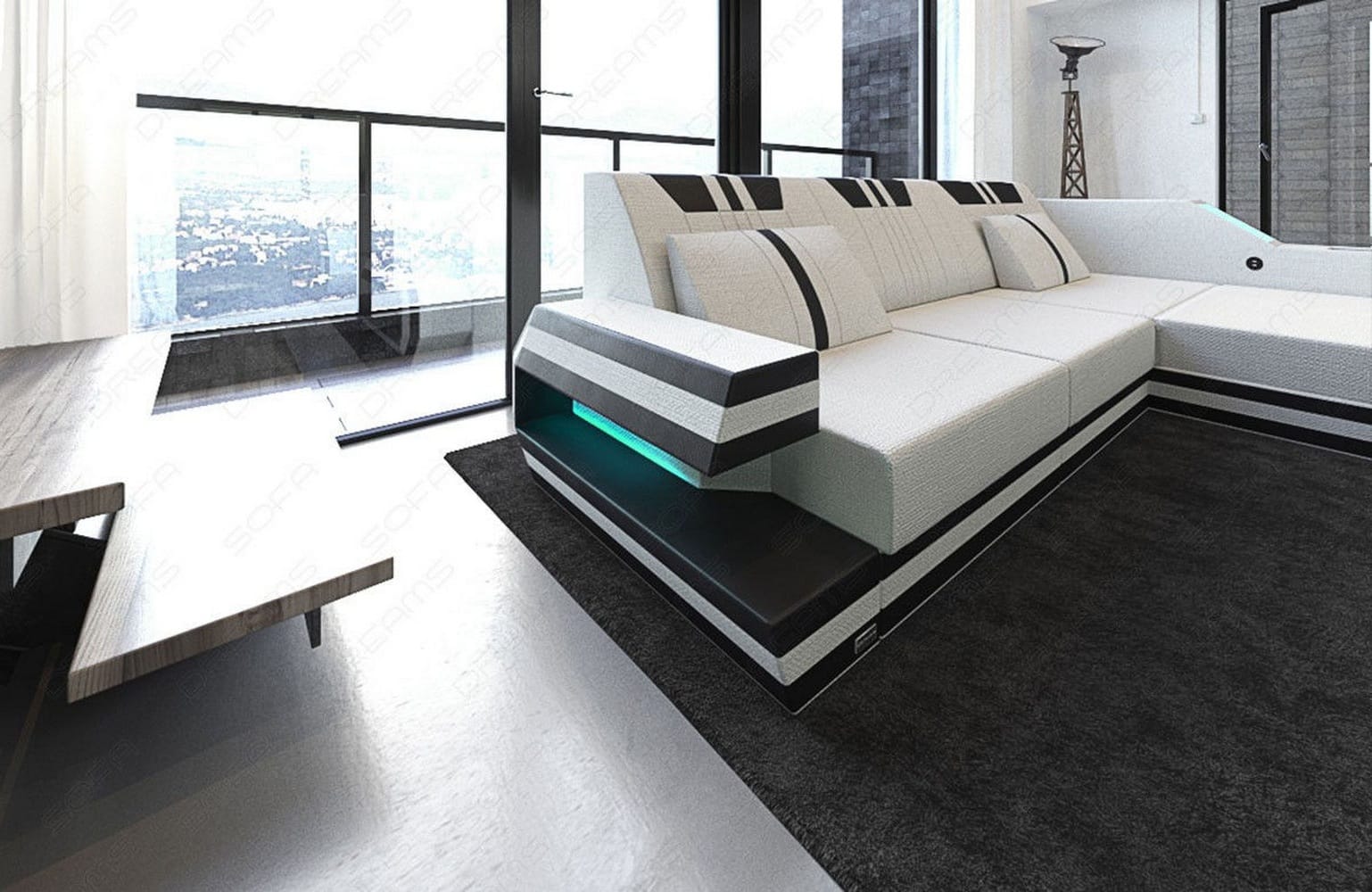 Polstersofa Materialmix Ravenna L-Form LED Elfenbein-Schwarz