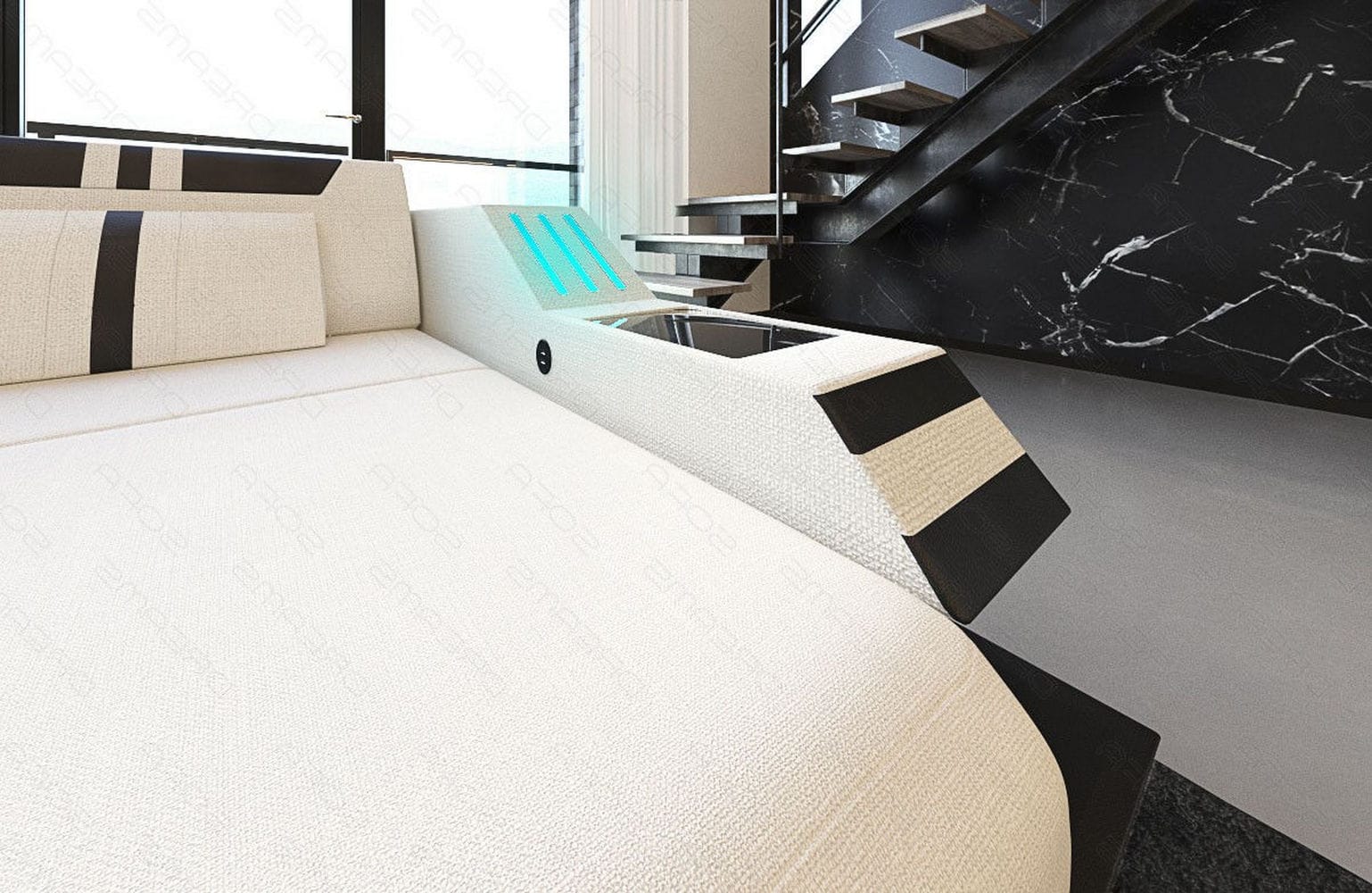 Polstersofa Materialmix Ravenna L-Form LED Elfenbein-Schwarz