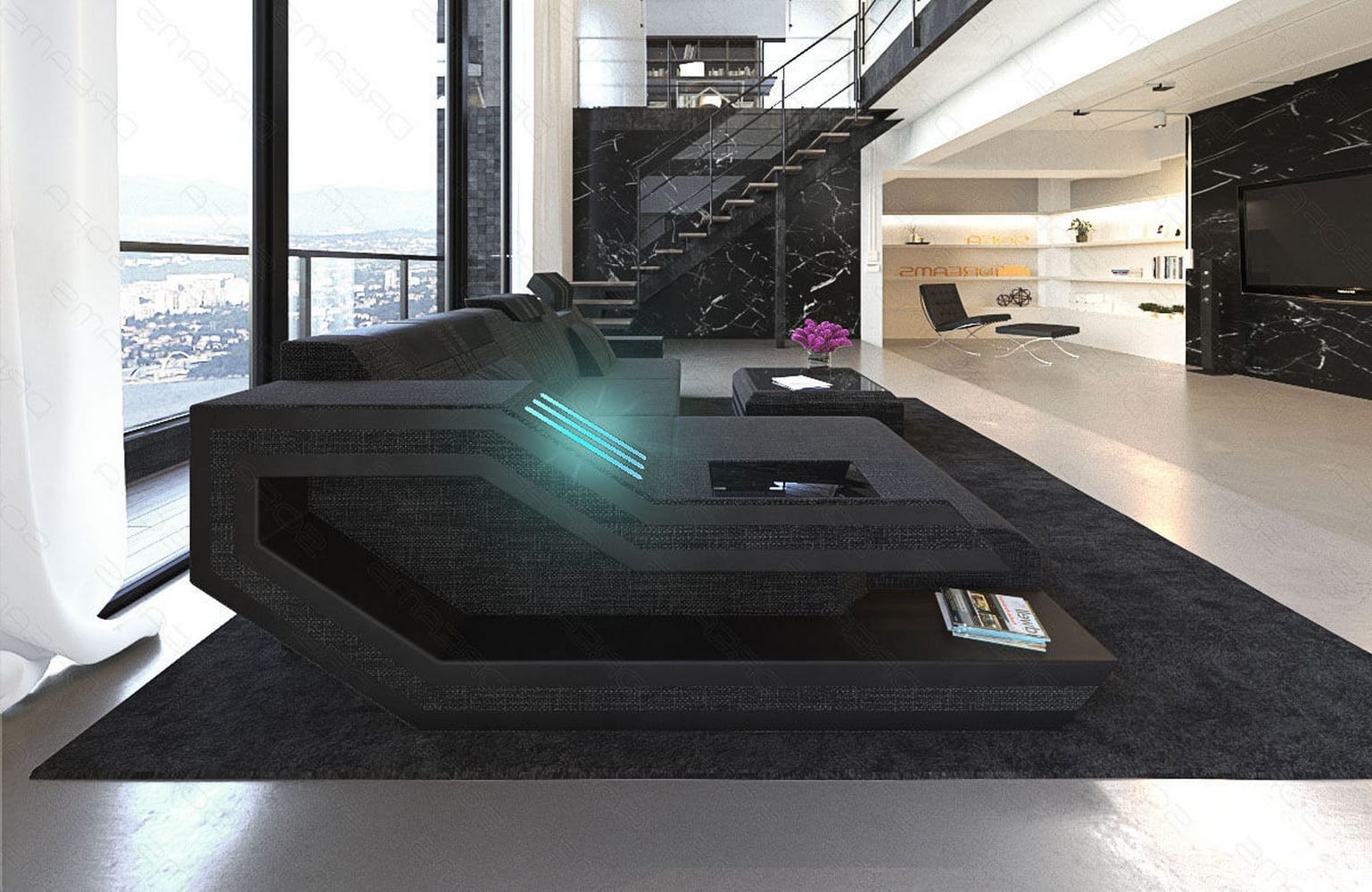 Polstersofa Materialmix Ravenna L-Form LED Schwarzgrau-Schwarz