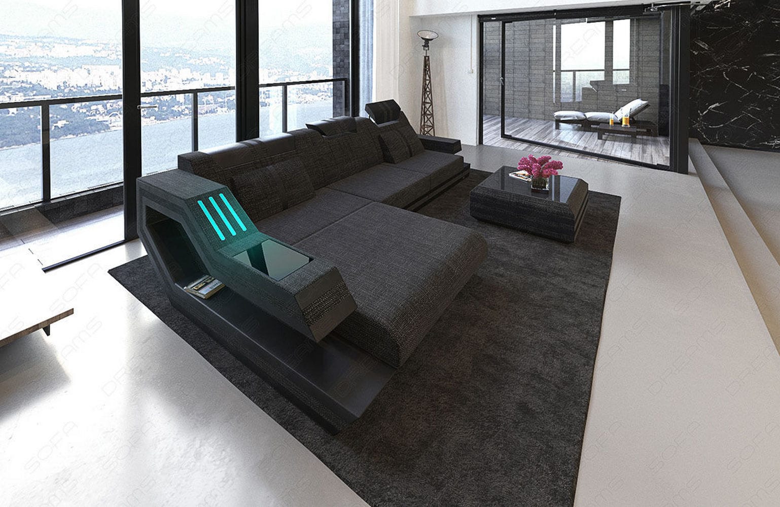 Polstersofa Materialmix Ravenna L-Form LED Schwarzgrau-Schwarz