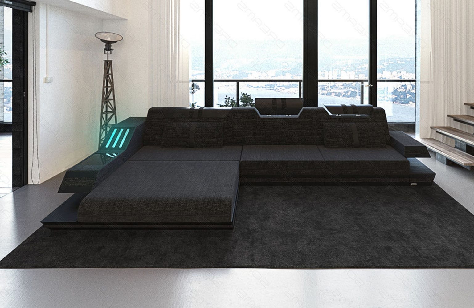 Polstersofa Materialmix Ravenna L-Form LED Schwarzgrau-Schwarz