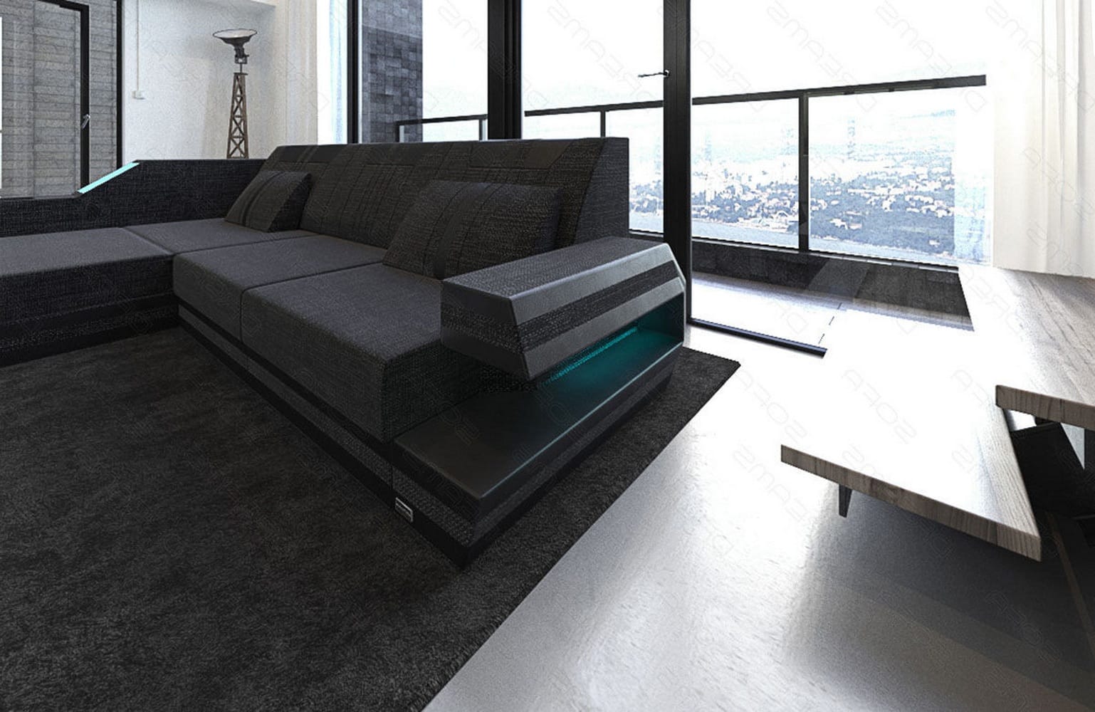 Polstersofa Materialmix Ravenna L-Form LED Schwarzgrau-Schwarz