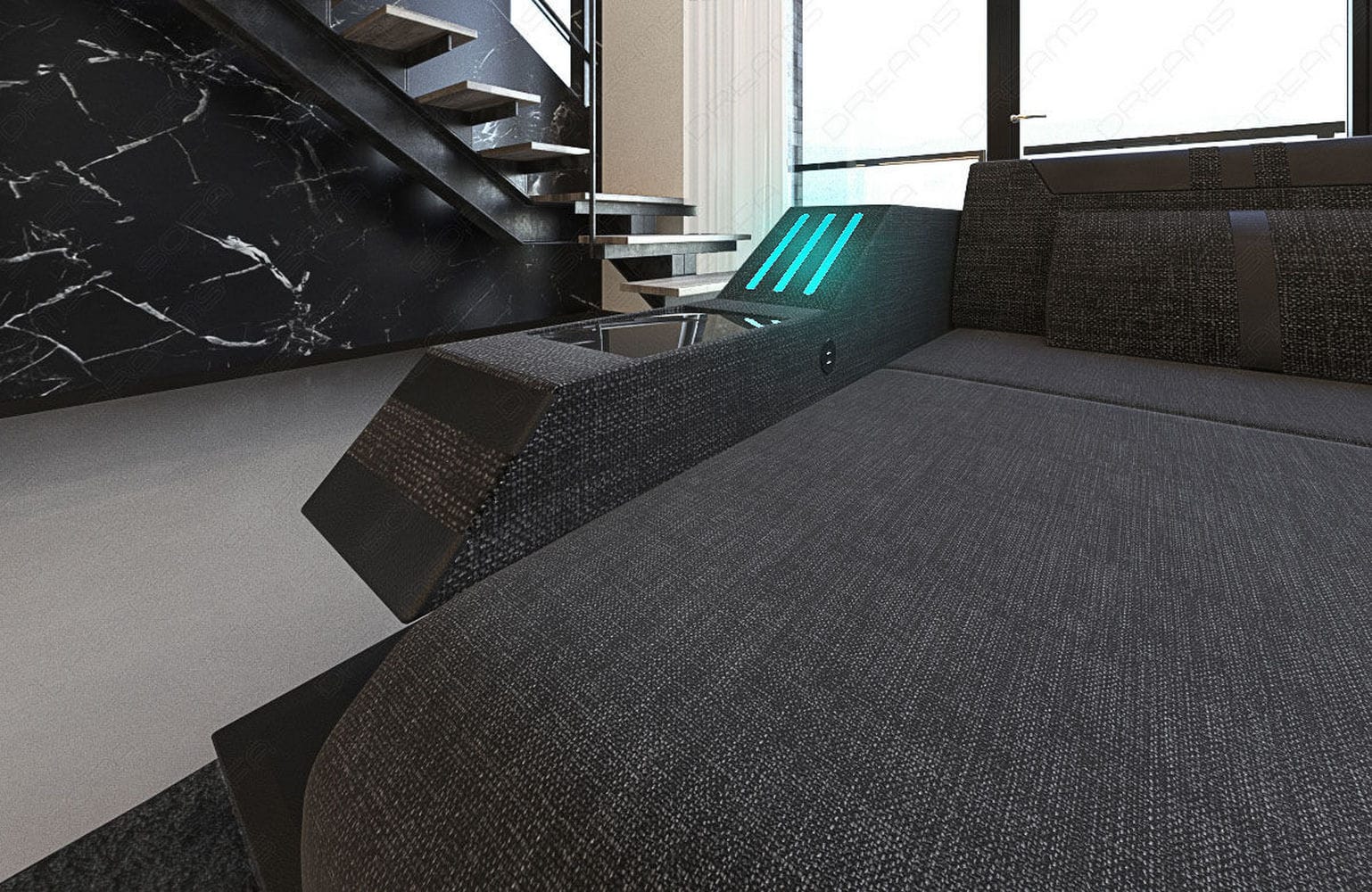 Polstersofa Materialmix Ravenna L-Form LED Schwarzgrau-Schwarz