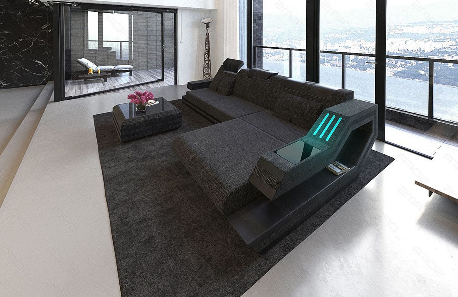 Polstersofa Materialmix Ravenna L-Form LED Schwarzgrau-Schwarz