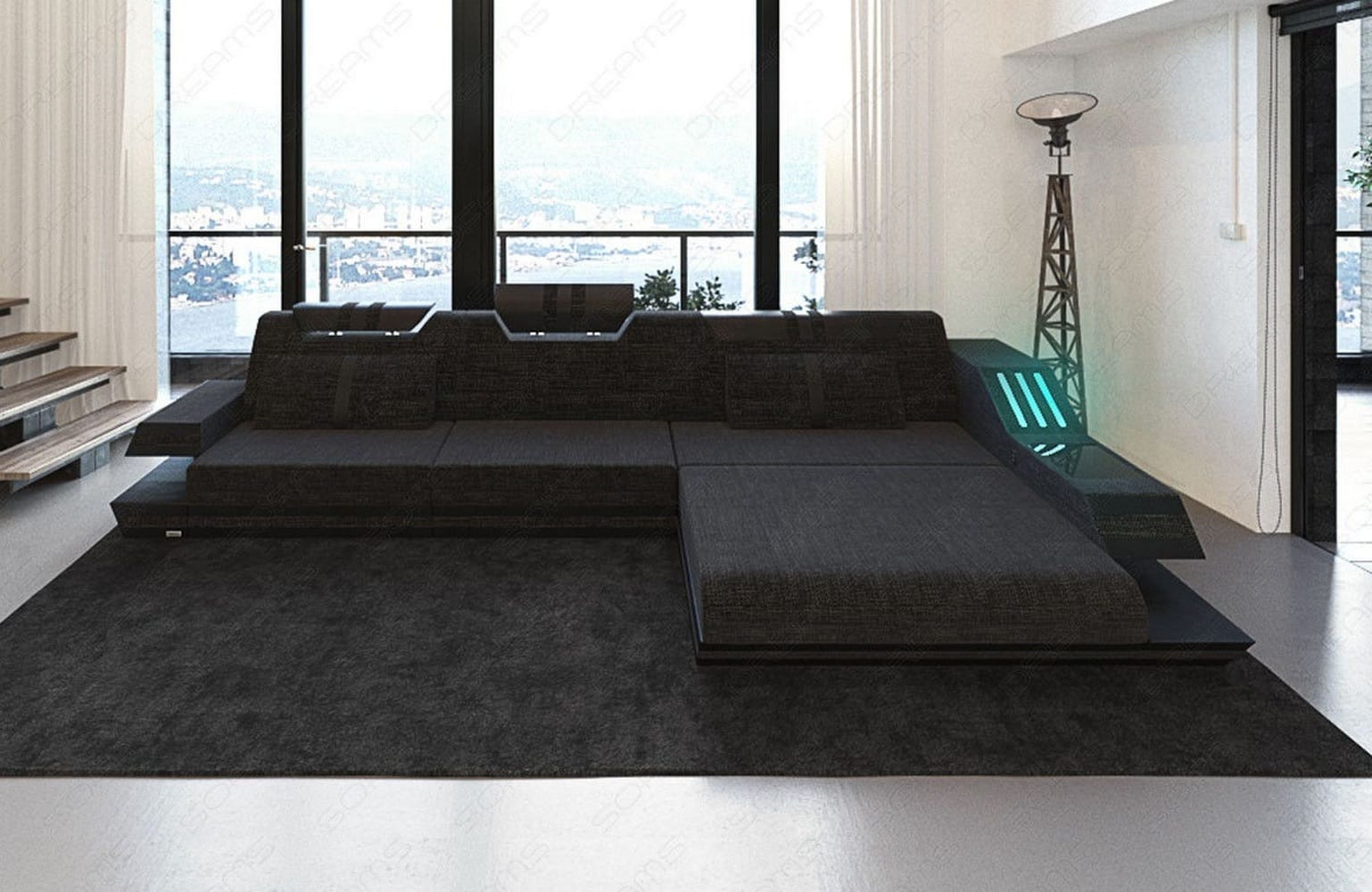 Polstersofa Materialmix Ravenna L-Form LED Schwarzgrau-Schwarz
