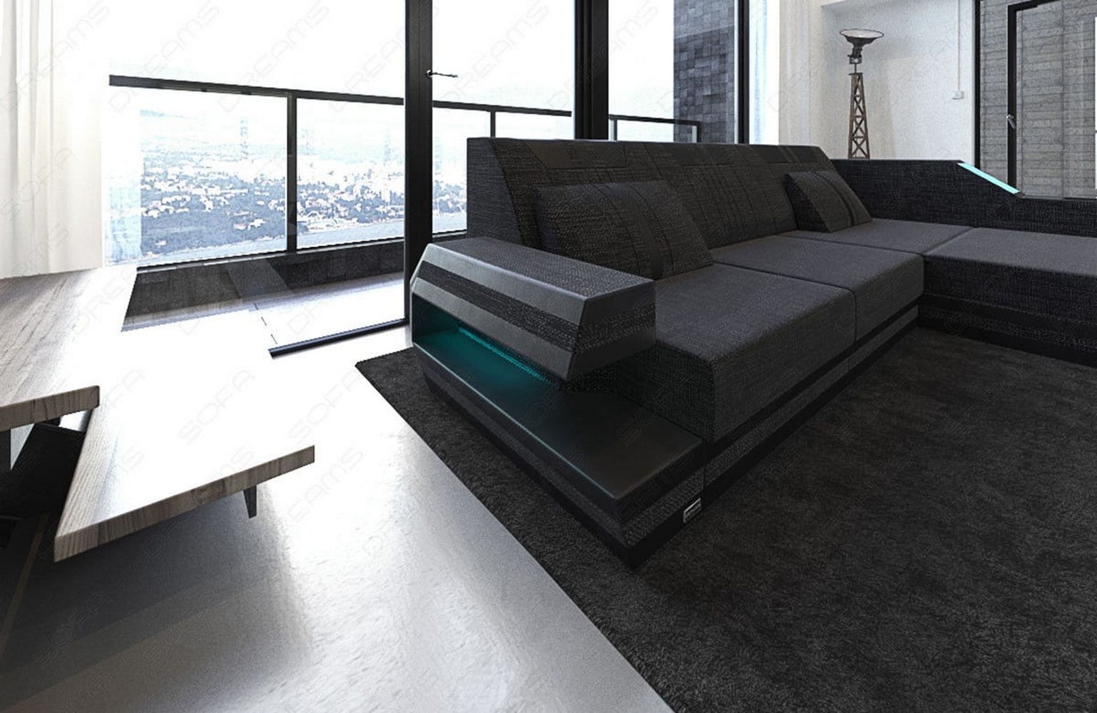 Polstersofa Materialmix Ravenna L-Form LED Schwarzgrau-Schwarz