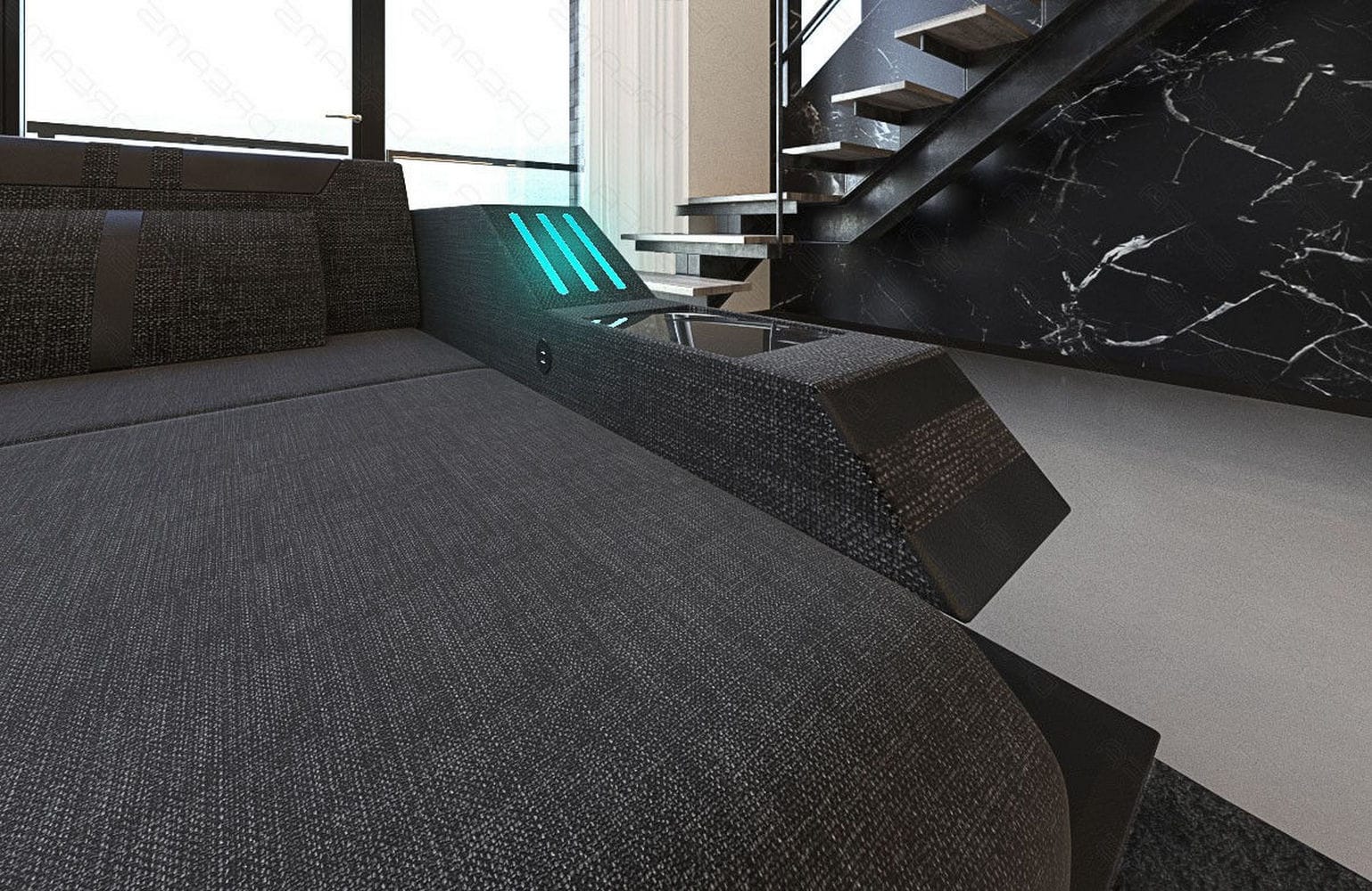 Polstersofa Materialmix Ravenna L-Form LED Schwarzgrau-Schwarz