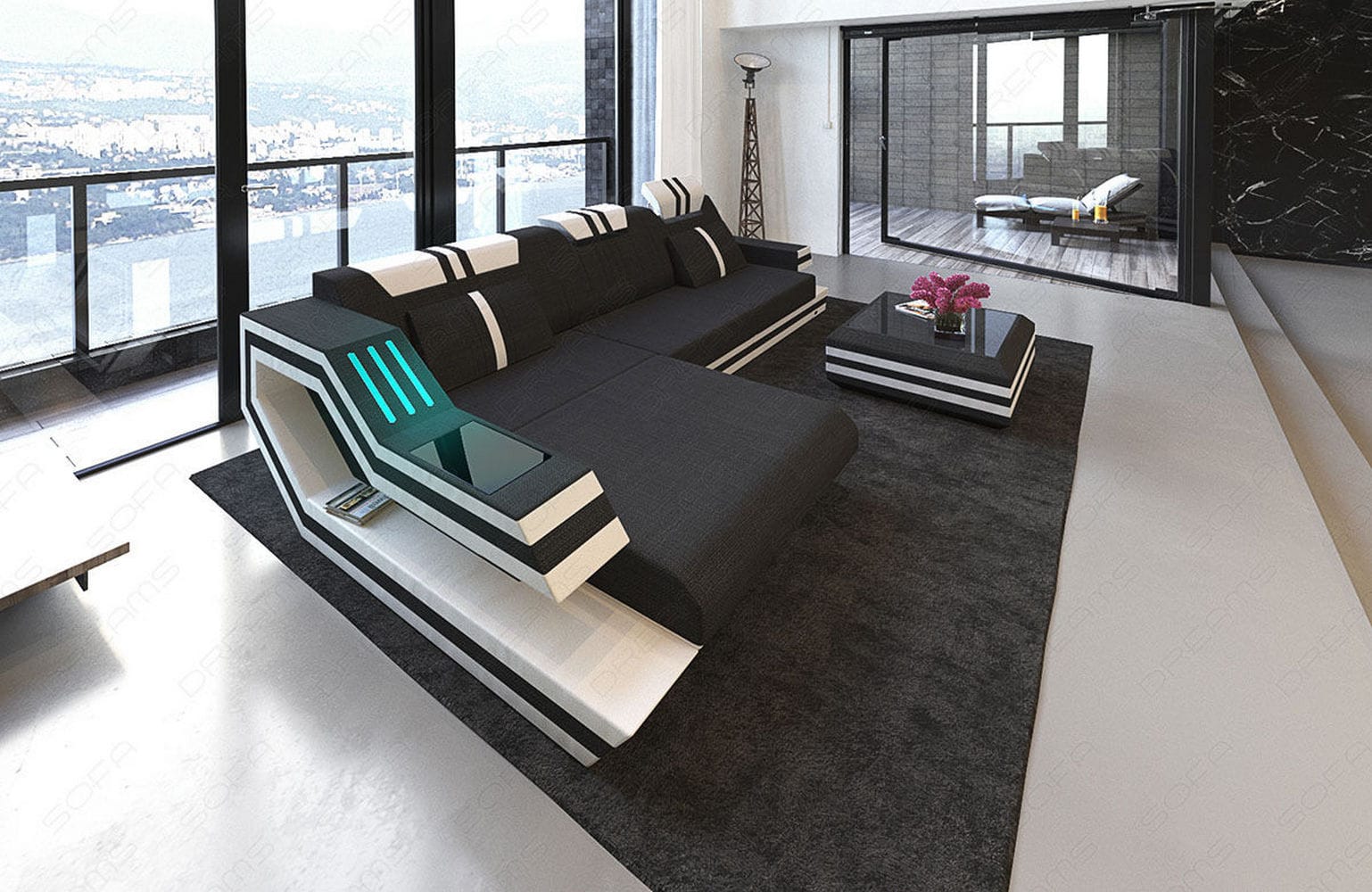Polstersofa Materialmix Ravenna L-Form LED Schwarz-Weiß