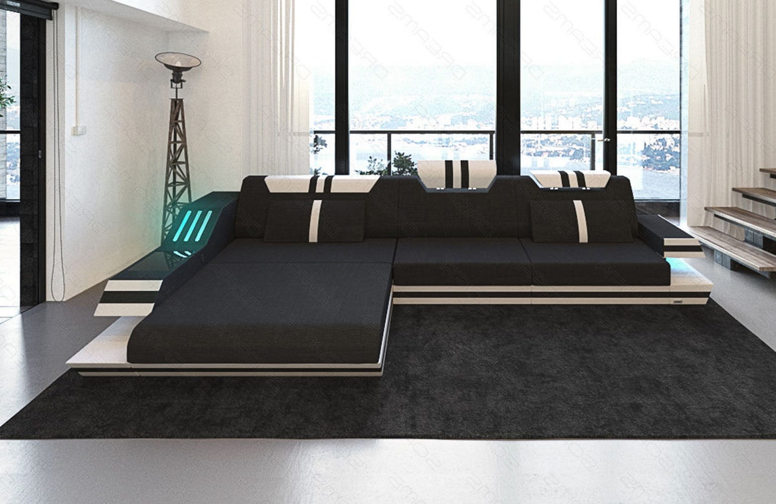 Polstersofa Materialmix Ravenna L-Form LED Schwarz-Weiß