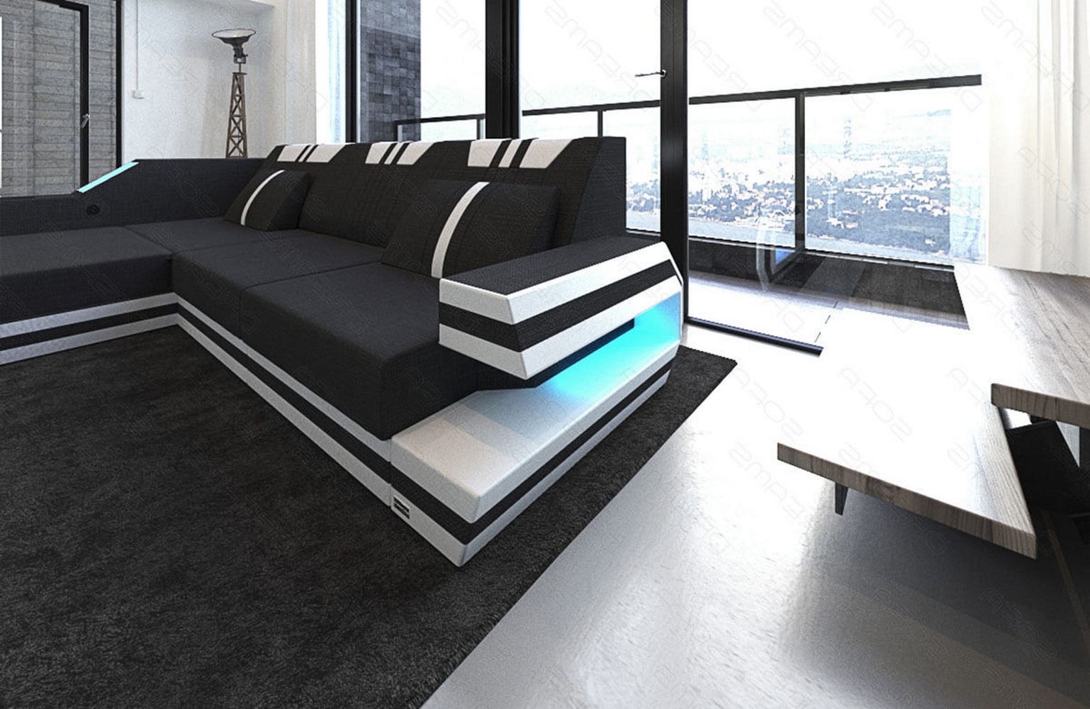 Polstersofa Materialmix Ravenna L-Form LED Schwarz-Weiß