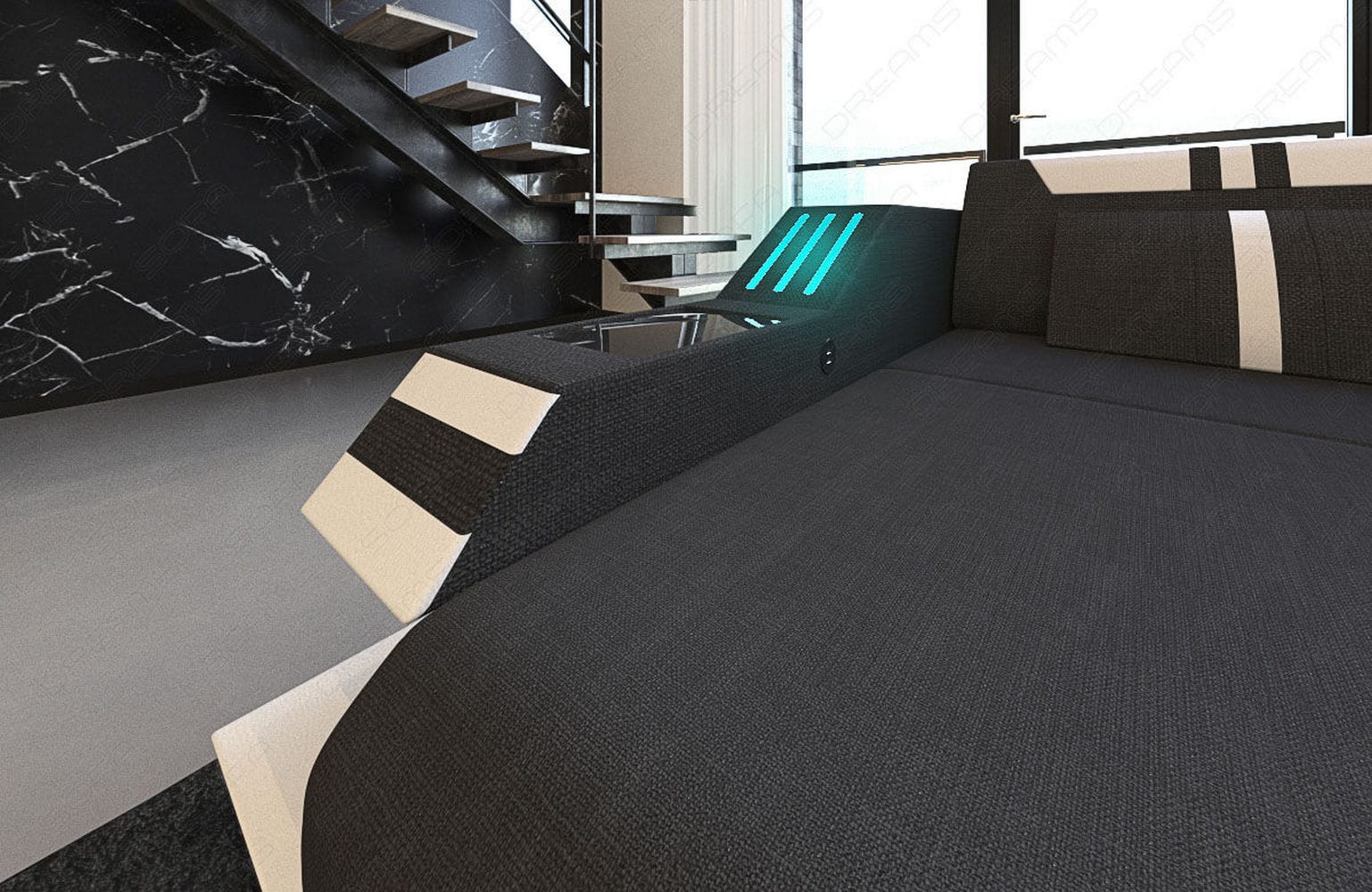 Polstersofa Materialmix Ravenna L-Form LED Schwarz-Weiß
