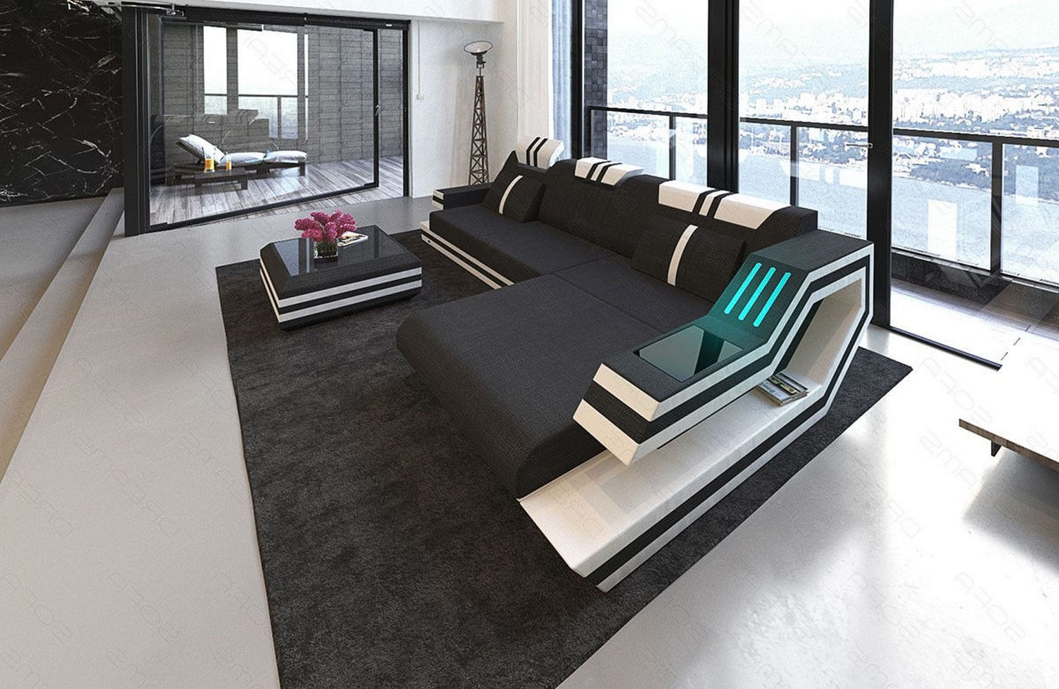 Polstersofa Materialmix Ravenna L-Form LED Schwarz-Weiß