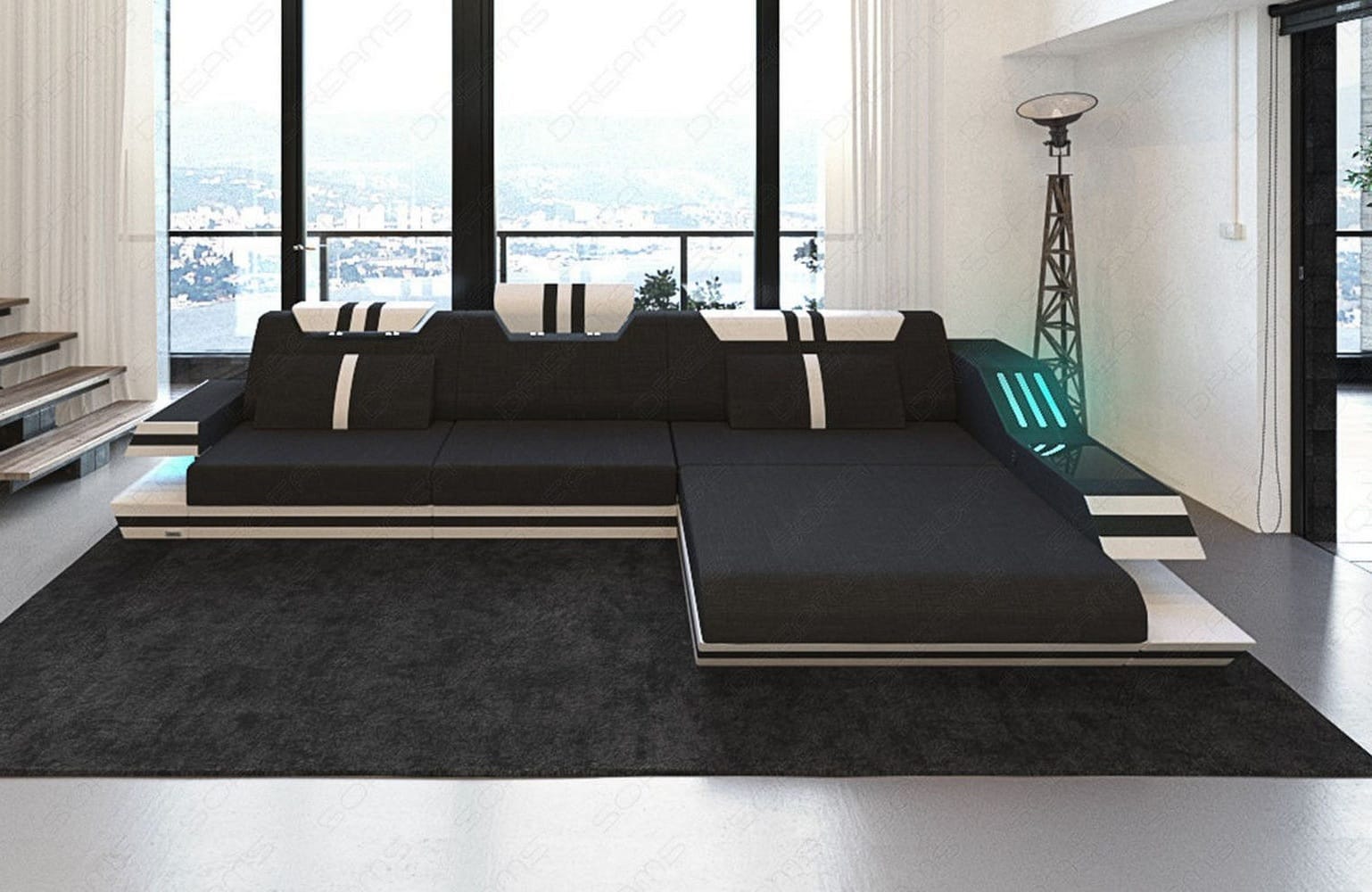 Polstersofa Materialmix Ravenna L-Form LED Schwarz-Weiß