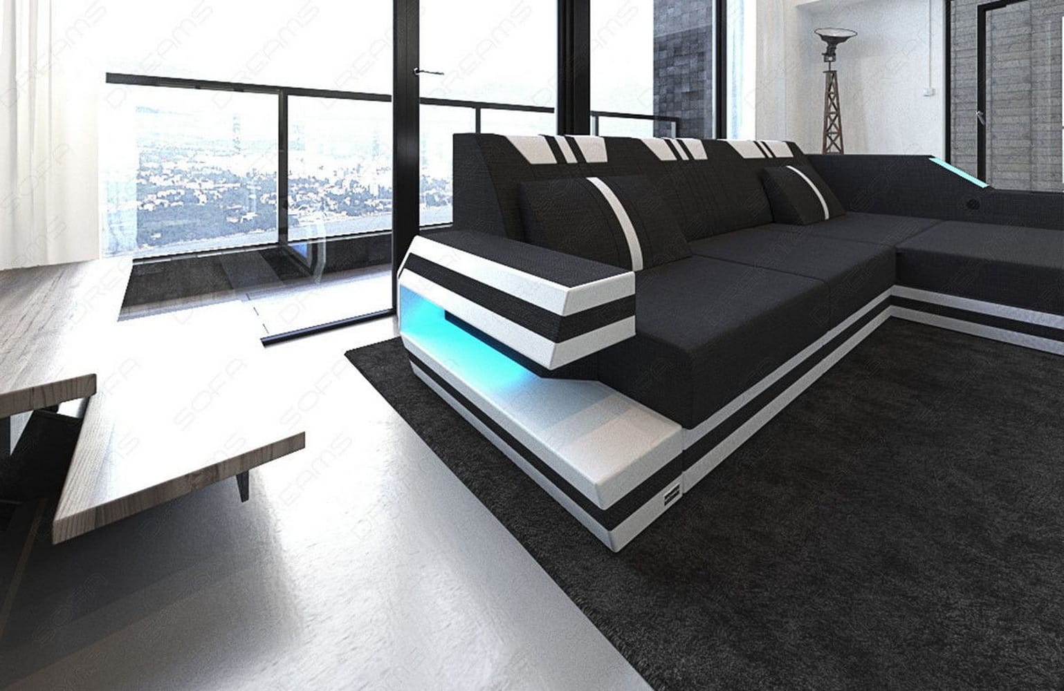 Polstersofa Materialmix Ravenna L-Form LED Schwarz-Weiß