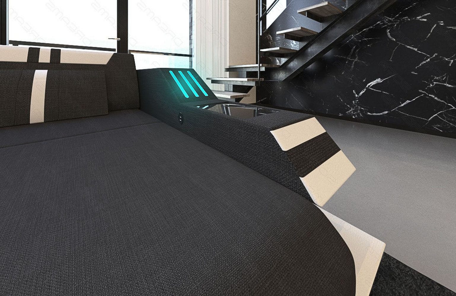 Polstersofa Materialmix Ravenna L-Form LED Schwarz-Weiß