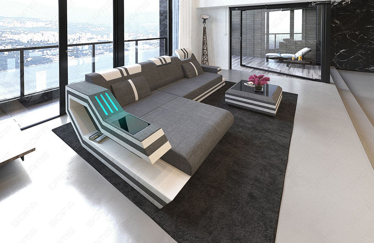 Polstersofa Materialmix Ravenna L-Form LED Grau-Weiß