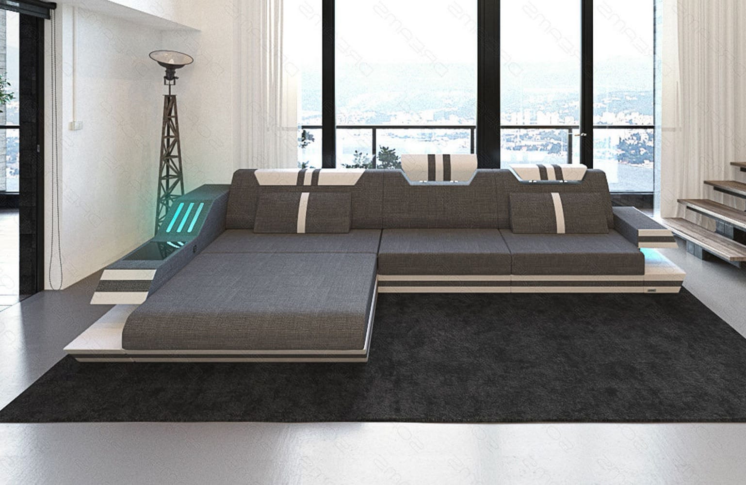 Polstersofa Materialmix Ravenna L-Form LED Grau-Weiß
