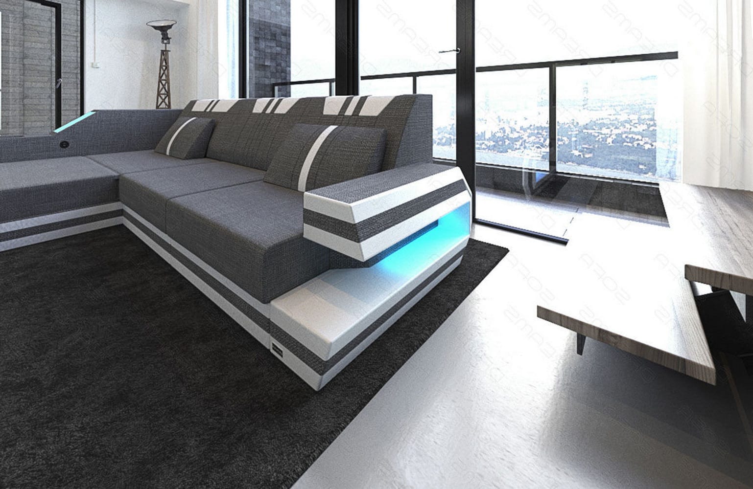 Polstersofa Materialmix Ravenna L-Form LED Grau-Weiß